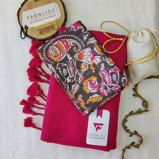 Pink Handloom Cotton Saree With Tassels & Printed Blouse-Fronlioz