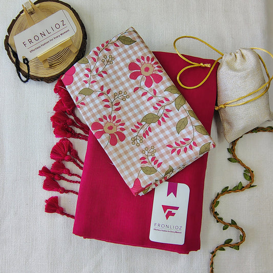Pink Handloom Cotton Saree With Tassels & Printed Blouse-Fronlioz