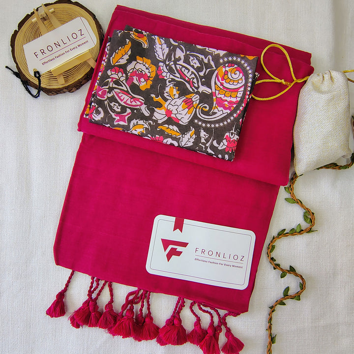 Pink Handloom Cotton Saree With Tassels & Printed Blouse-Fronlioz