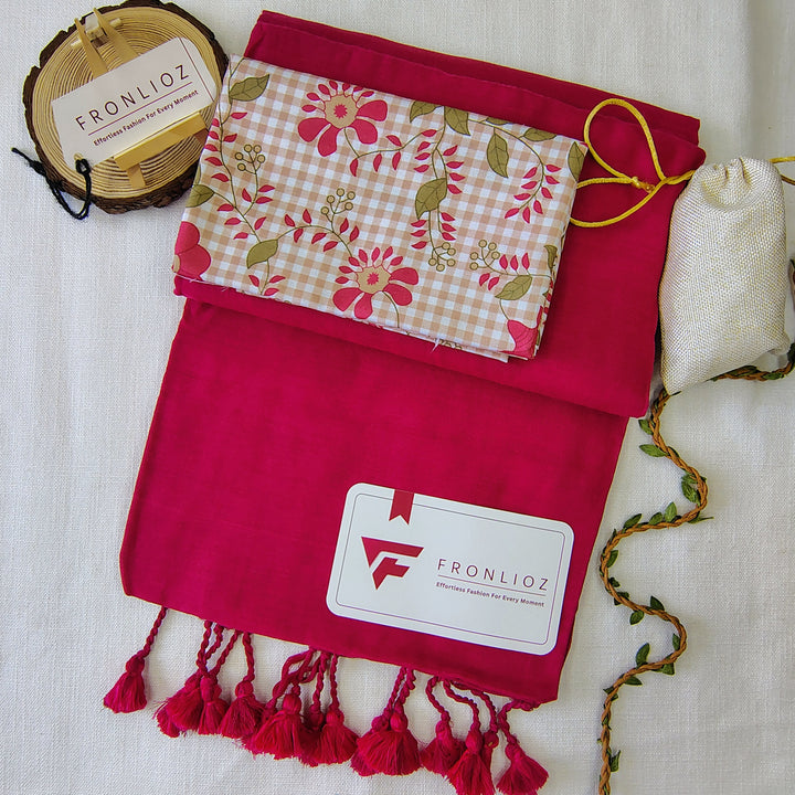 Pink Handloom Cotton Saree With Tassels & Printed Blouse-Fronlioz