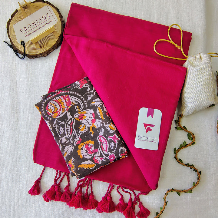 Pink Handloom Cotton Saree With Tassels & Printed Blouse-Fronlioz