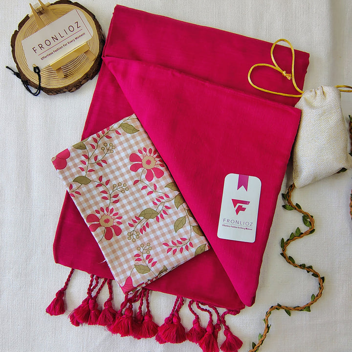 Pink Handloom Cotton Saree With Tassels & Printed Blouse-Fronlioz
