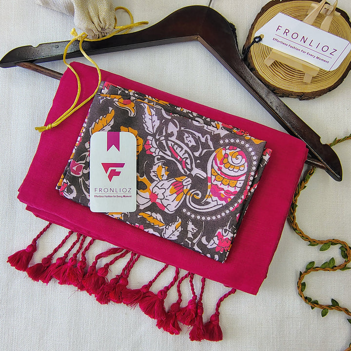 Pink Handloom Cotton Saree With Tassels & Printed Blouse-Fronlioz