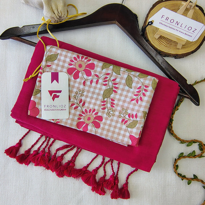 Pink Handloom Cotton Saree With Tassels & Printed Blouse-Fronlioz