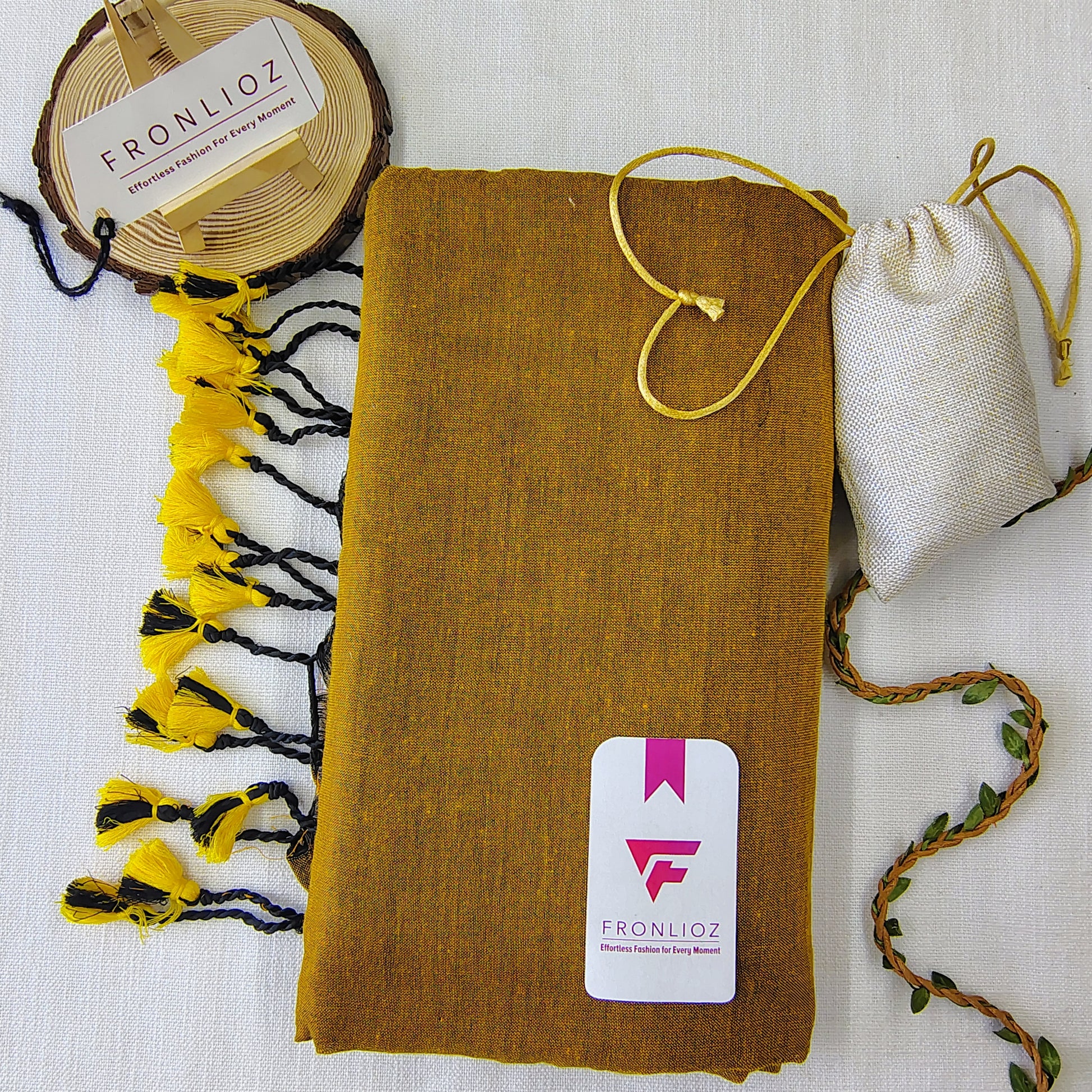 Mustard Handloom Cotton Saree With Tassels & Printed Blouse-Fronlioz