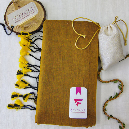 Mustard Handloom Cotton Saree With Tassels & Printed Blouse-Fronlioz
