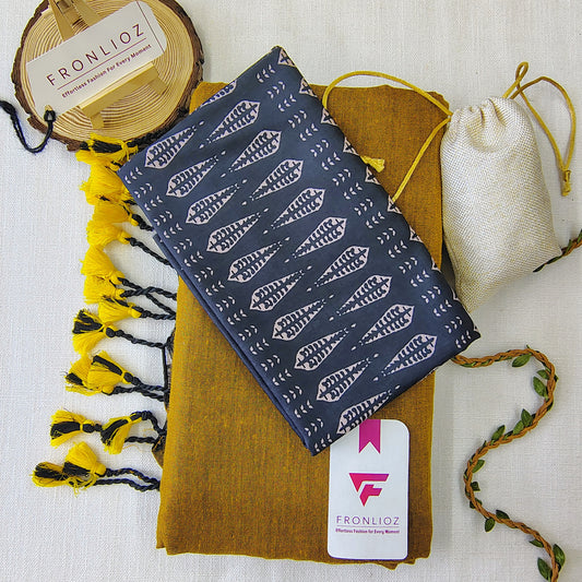 Mustard Handloom Cotton Saree With Tassels & Printed Blouse-Fronlioz