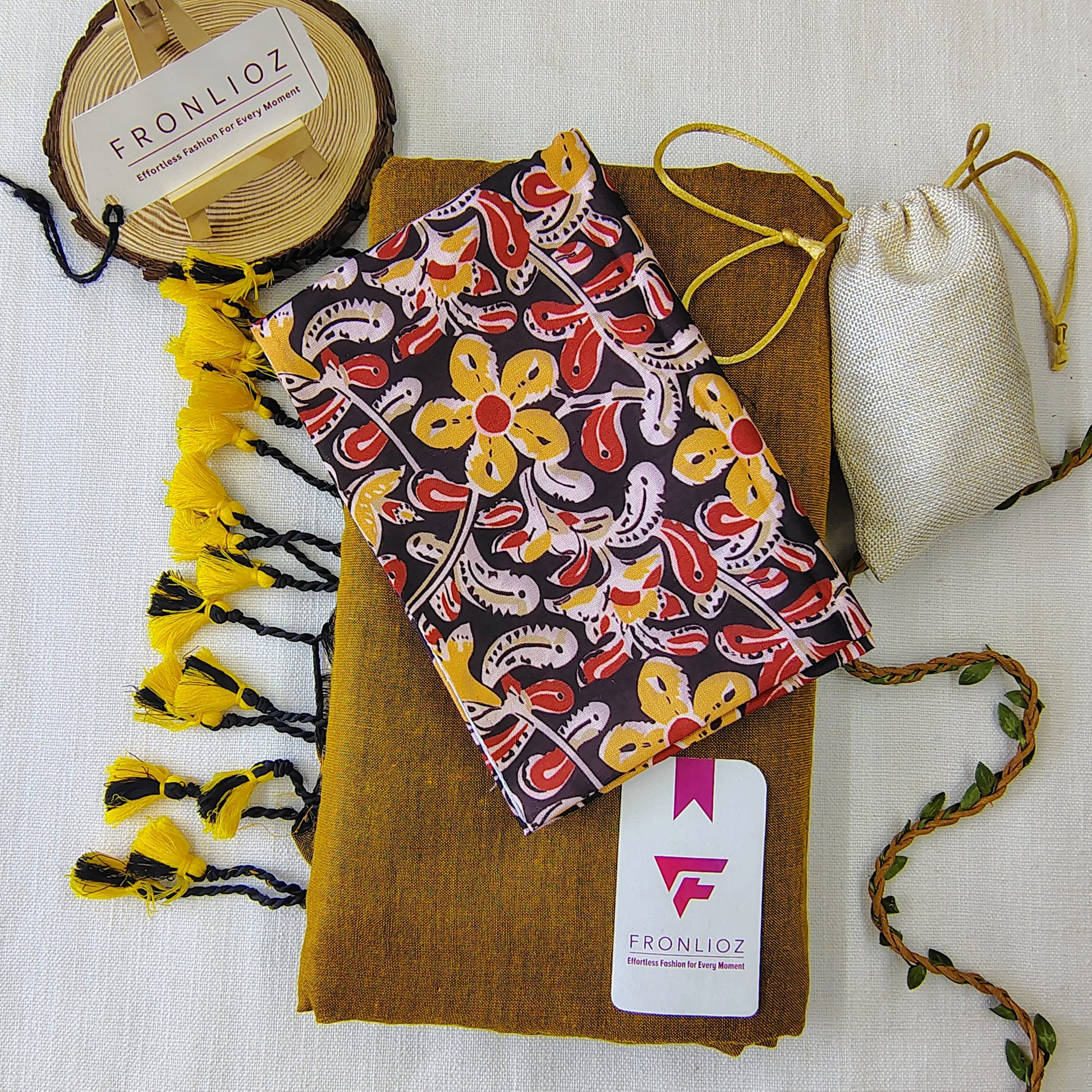 Mustard Handloom Cotton Saree With Tassels & Printed Blouse-Fronlioz