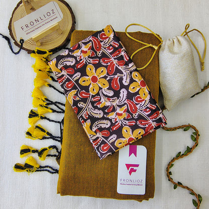 Mustard Handloom Cotton Saree With Tassels & Printed Blouse-Fronlioz