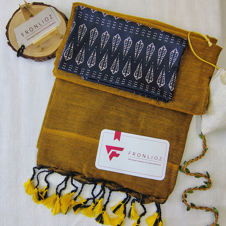 Mustard Handloom Cotton Saree With Tassels & Printed Blouse-Fronlioz