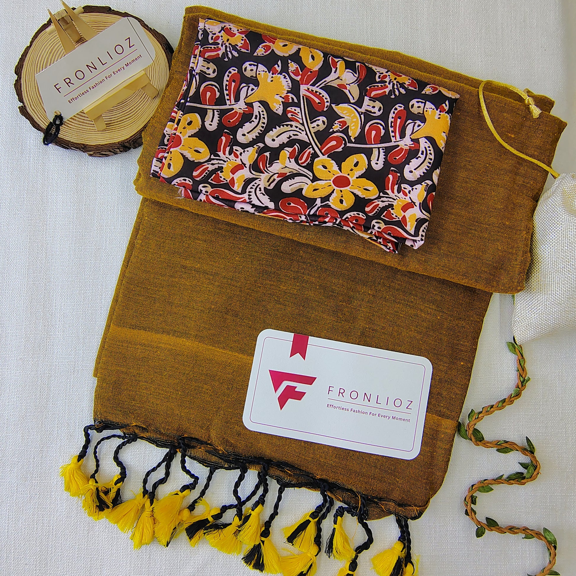 Mustard Handloom Cotton Saree With Tassels & Printed Blouse-Fronlioz