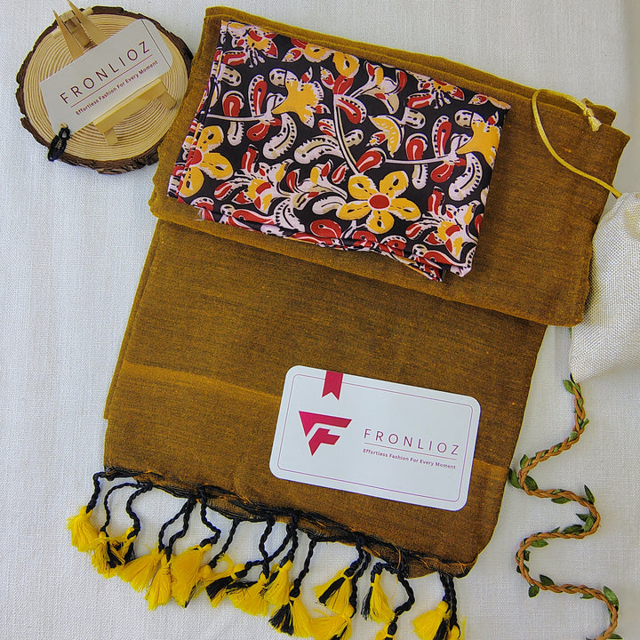 Mustard Handloom Cotton Saree With Tassels & Printed Blouse-Fronlioz