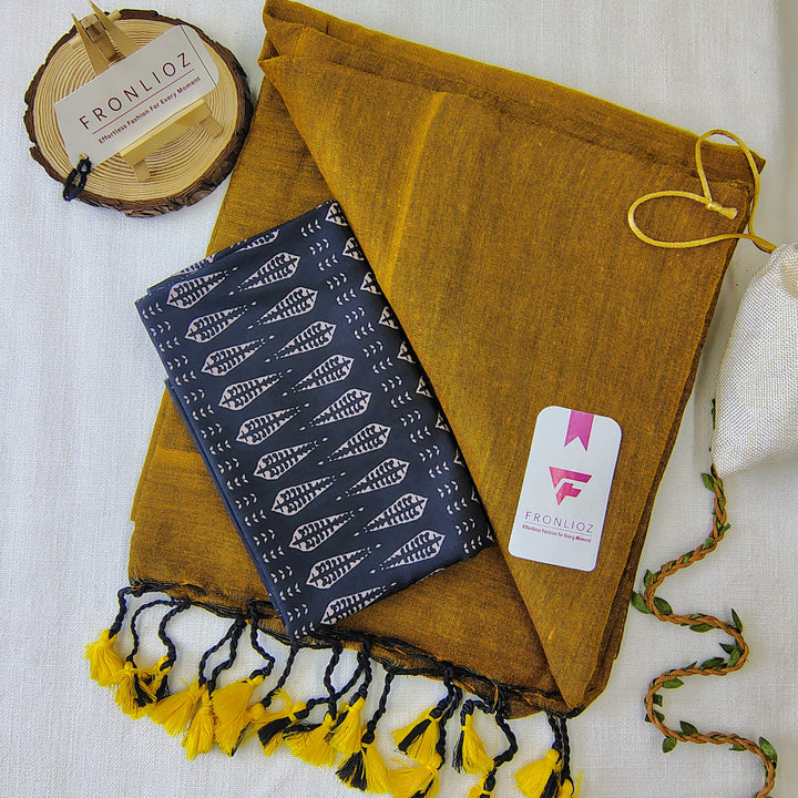 Mustard Handloom Cotton Saree With Tassels & Printed Blouse-Fronlioz