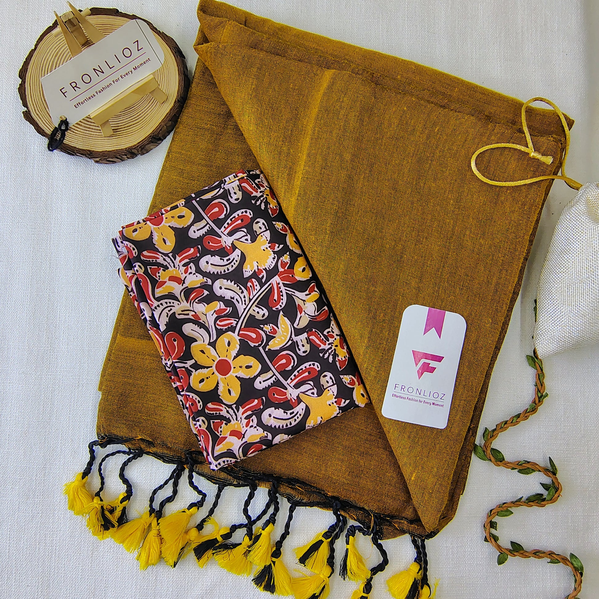 Mustard Handloom Cotton Saree With Tassels & Printed Blouse-Fronlioz