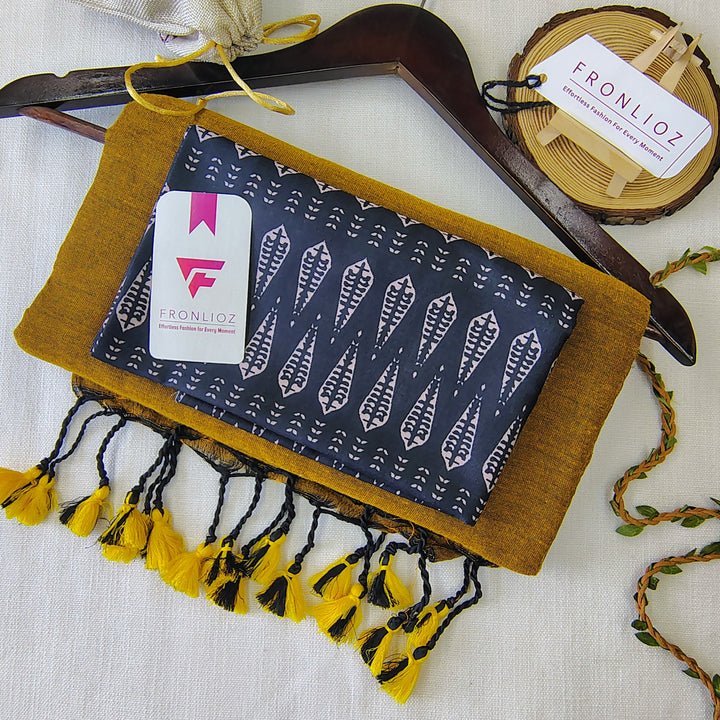 Mustard Handloom Cotton Saree With Tassels & Printed Blouse-Fronlioz