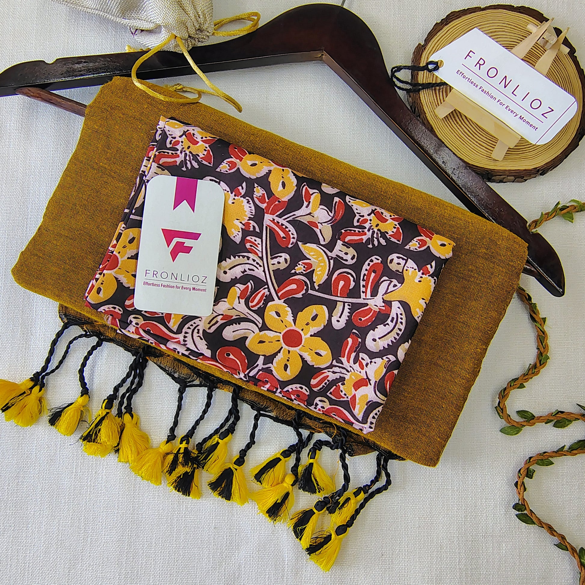 Mustard Handloom Cotton Saree With Tassels & Printed Blouse-Fronlioz