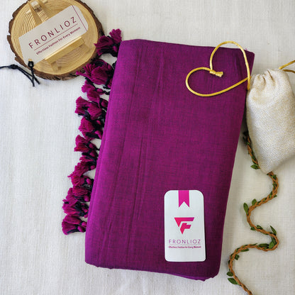 Purple Handloom Cotton Saree With Tassels & Printed Blouse-Fronlioz