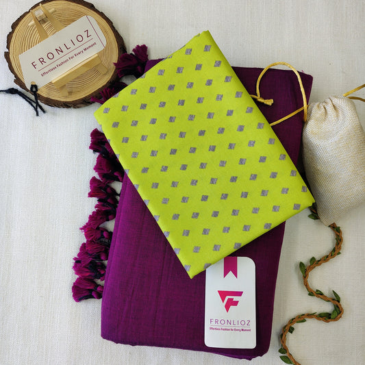 Purple Handloom Cotton Saree With Tassels & Printed Blouse-Fronlioz