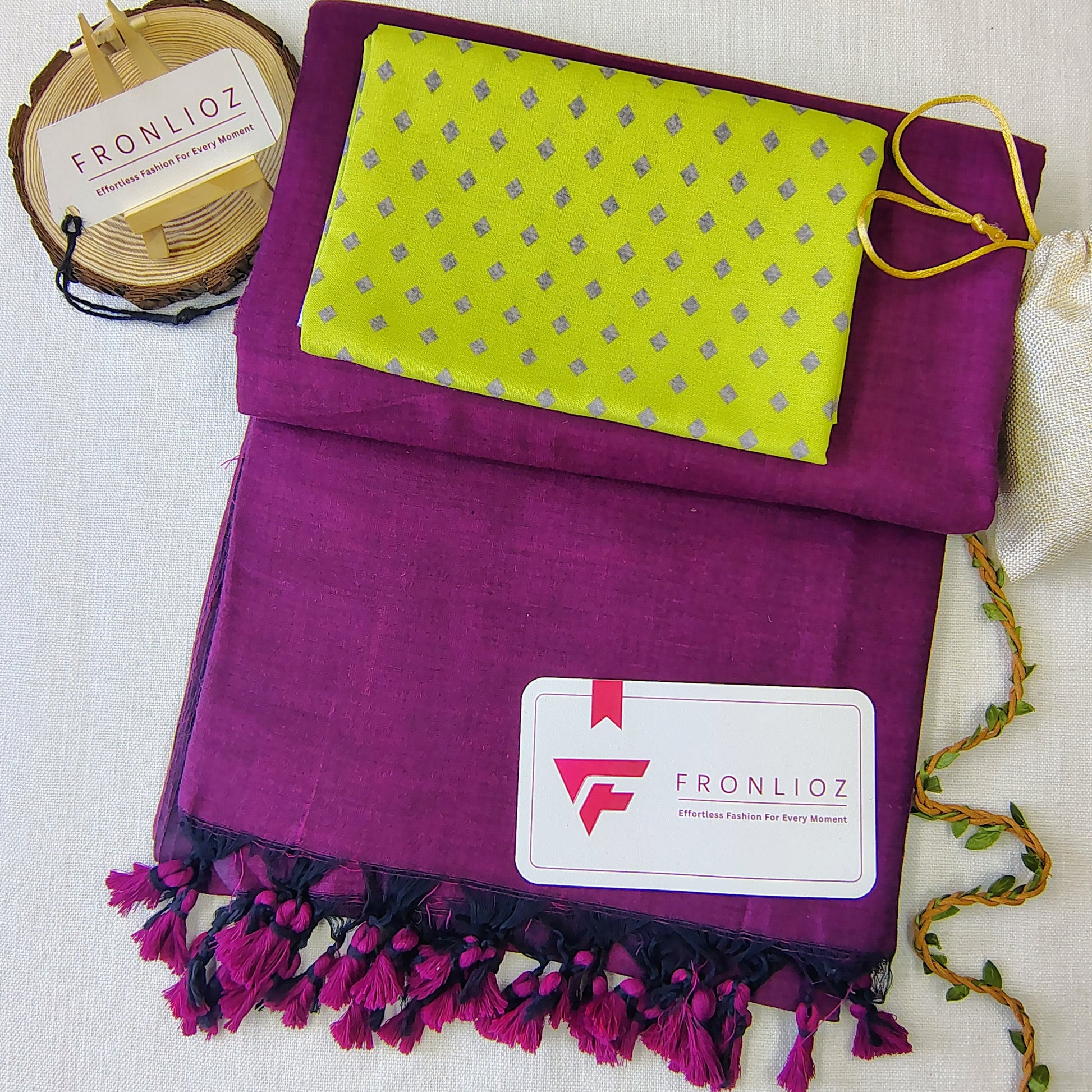 Purple Handloom Cotton Saree With Tassels & Printed Blouse-Fronlioz