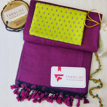 Purple Handloom Cotton Saree With Tassels & Printed Blouse-Fronlioz