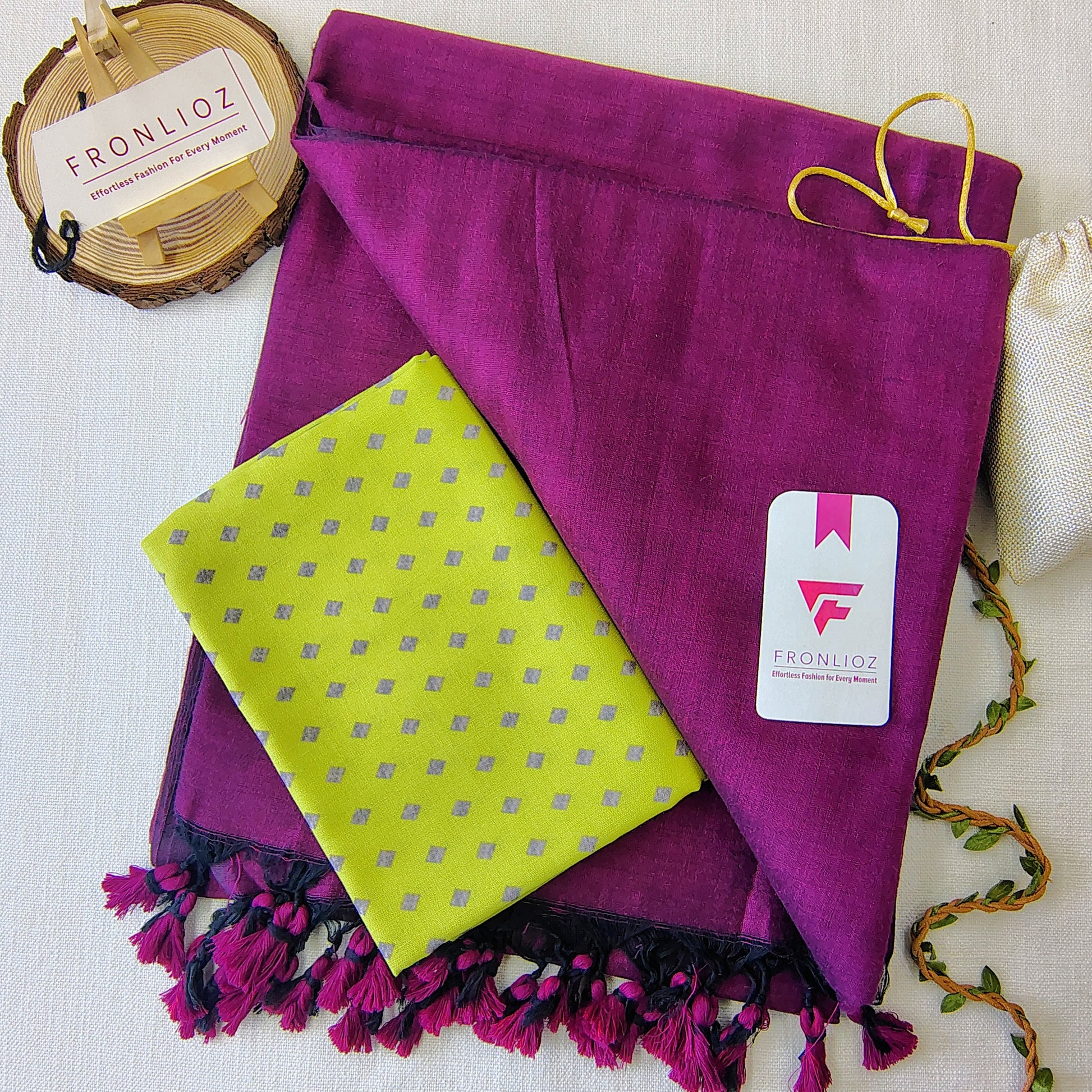 Purple Handloom Cotton Saree With Tassels & Printed Blouse-Fronlioz