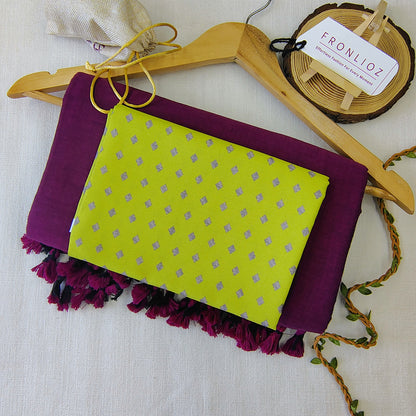 Purple Handloom Cotton Saree With Tassels & Printed Blouse-Fronlioz