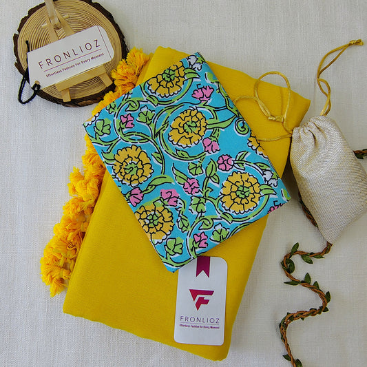 Yellow Handloom Cotton Saree With Tassels & Printed Blouse-Fronlioz