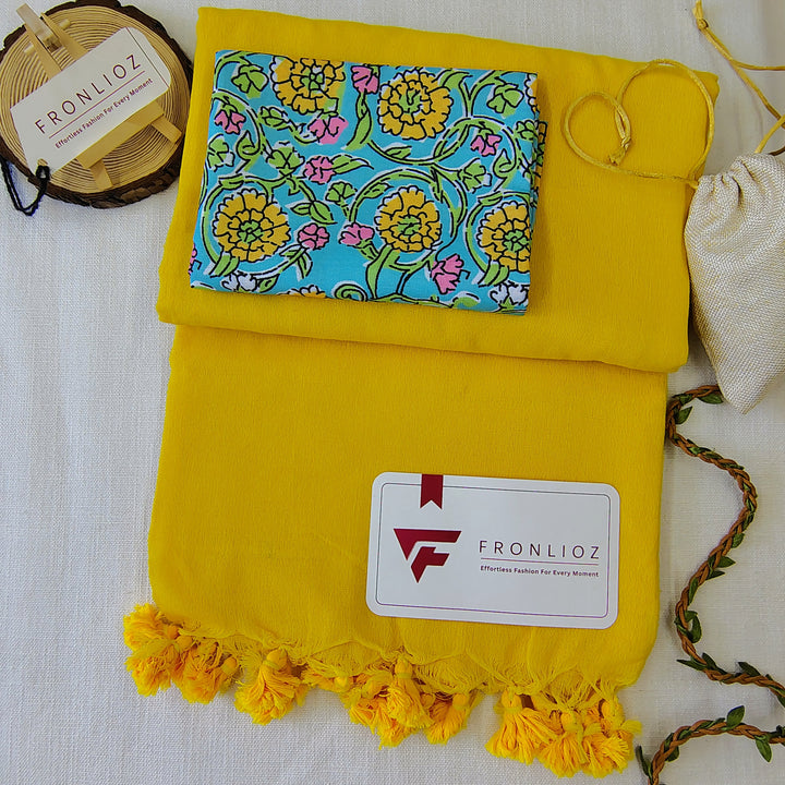 Yellow Handloom Cotton Saree With Tassels & Printed Blouse-Fronlioz
