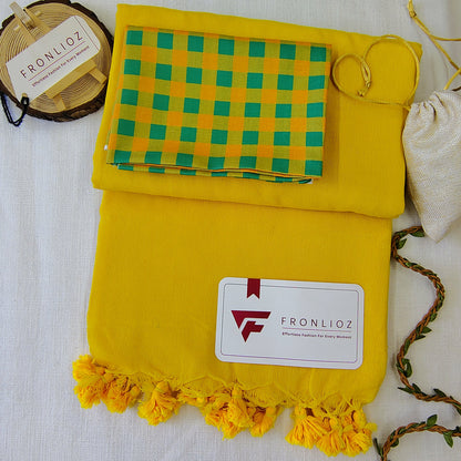 Yellow Handloom Cotton Saree With Tassels & Printed Blouse-Fronlioz