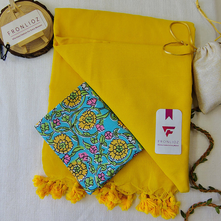 Yellow Handloom Cotton Saree With Tassels & Printed Blouse-Fronlioz