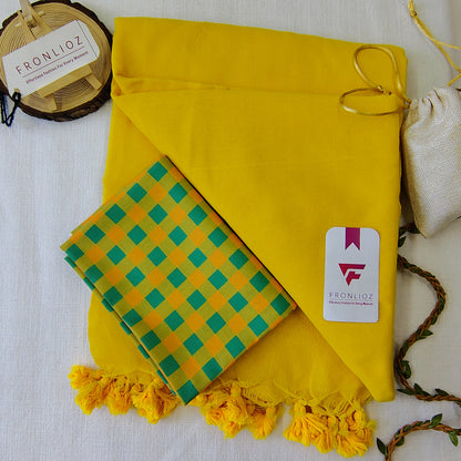 Yellow Handloom Cotton Saree With Tassels & Printed Blouse-Fronlioz