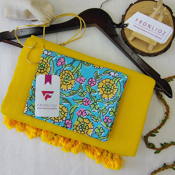 Yellow Handloom Cotton Saree With Tassels & Printed Blouse-Fronlioz