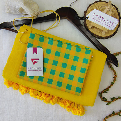 Yellow Handloom Cotton Saree With Tassels & Printed Blouse-Fronlioz
