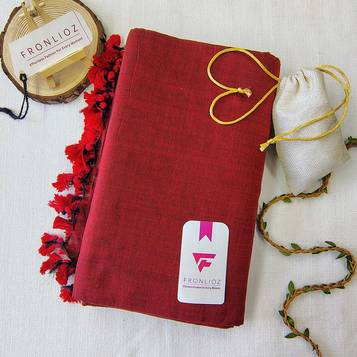 Maroon Handloom Cotton Saree With Tassels & Printed Blouse-Fronlioz