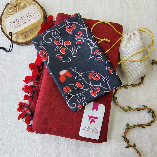 Maroon Handloom Cotton Saree With Tassels & Printed Blouse-Fronlioz