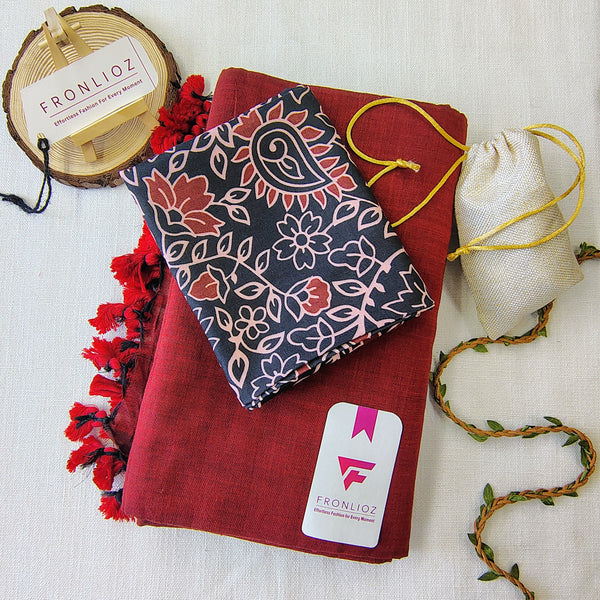 Maroon Handloom Cotton Saree With Tassels & Printed Blouse-Fronlioz