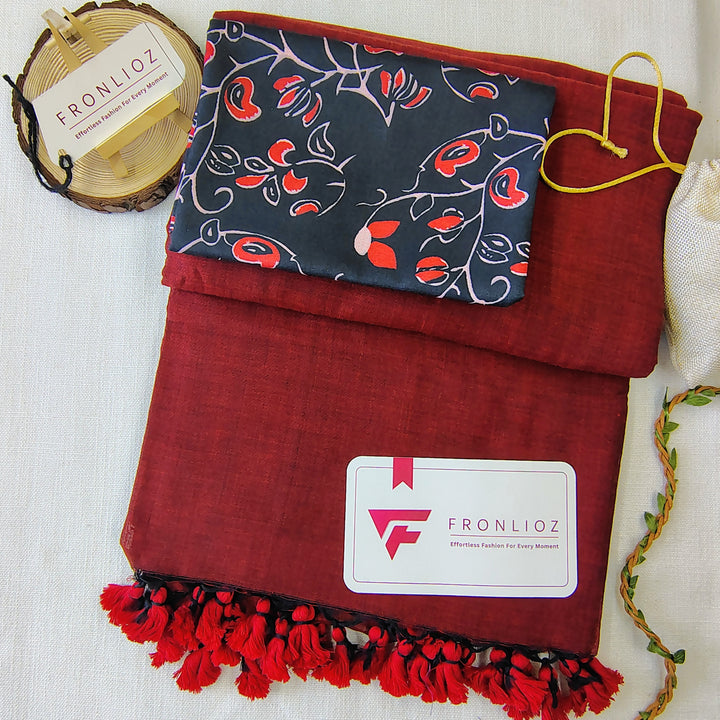 Maroon Handloom Cotton Saree With Tassels & Printed Blouse-Fronlioz
