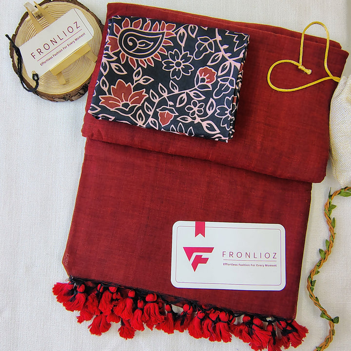 Maroon Handloom Cotton Saree With Tassels & Printed Blouse-Fronlioz