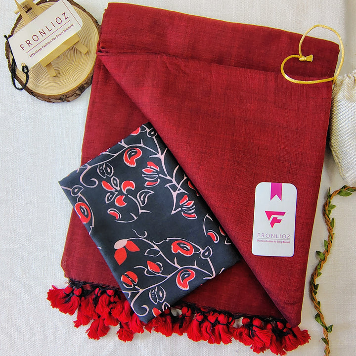 Maroon Handloom Cotton Saree With Tassels & Printed Blouse-Fronlioz