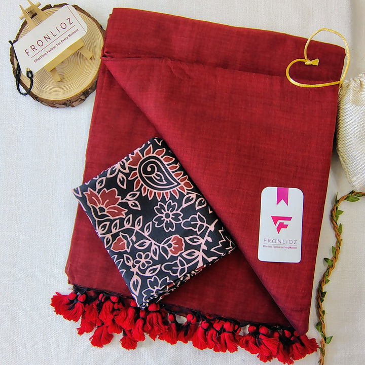 Maroon Handloom Cotton Saree With Tassels & Printed Blouse-Fronlioz