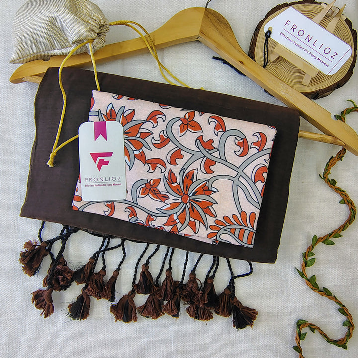 Coffee Handloom Cotton Saree With Tassels & Printed Blouse-Fronlioz