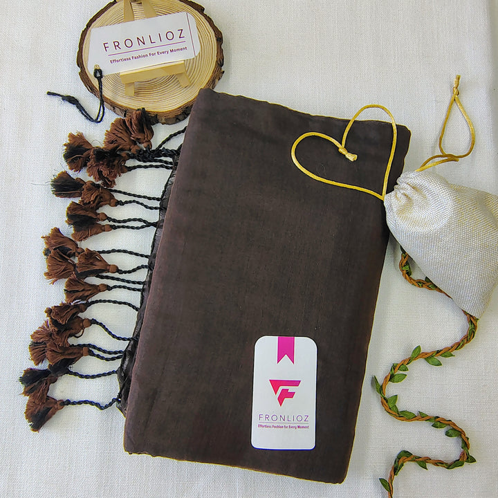 Coffee Handloom Cotton Saree With Tassels & Printed Blouse-Fronlioz