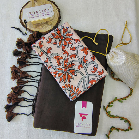 Coffee Handloom Cotton Saree With Tassels & Printed Blouse-Fronlioz