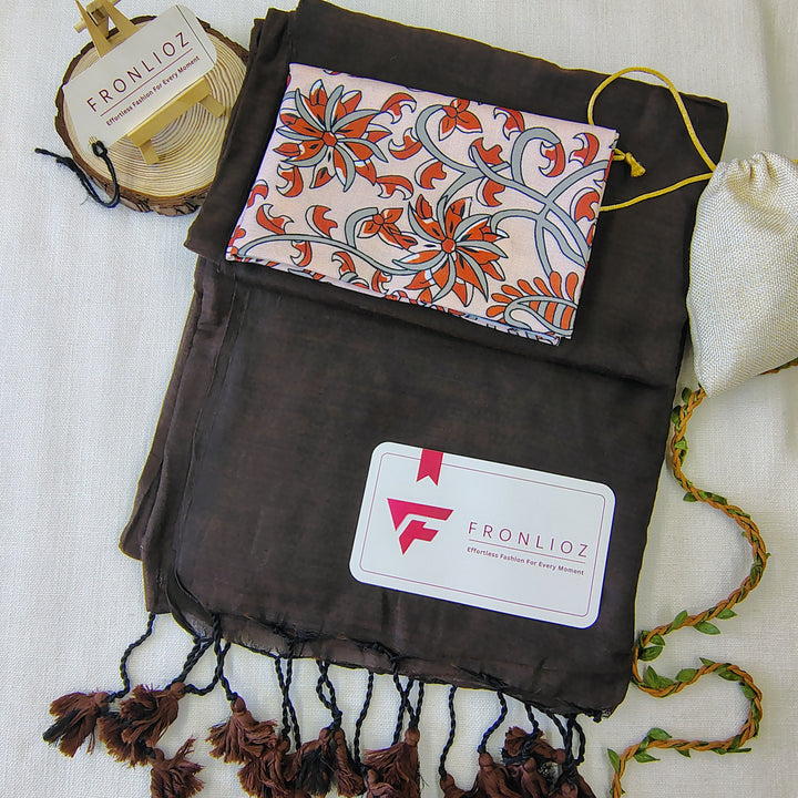 Coffee Handloom Cotton Saree With Tassels & Printed Blouse-Fronlioz