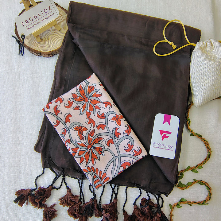 Coffee Handloom Cotton Saree With Tassels & Printed Blouse-Fronlioz