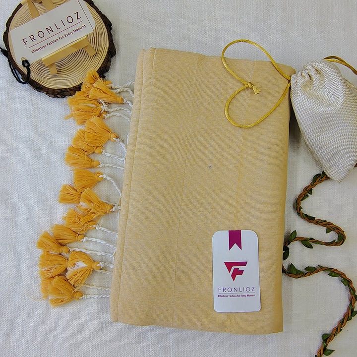 Cream Handloom Cotton Saree With Tassels & Printed Blouse-Fronlioz