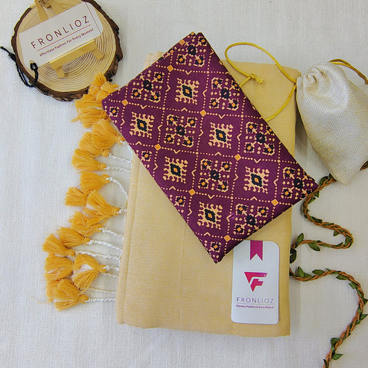 Cream Handloom Cotton Saree With Tassels & Printed Blouse-Fronlioz