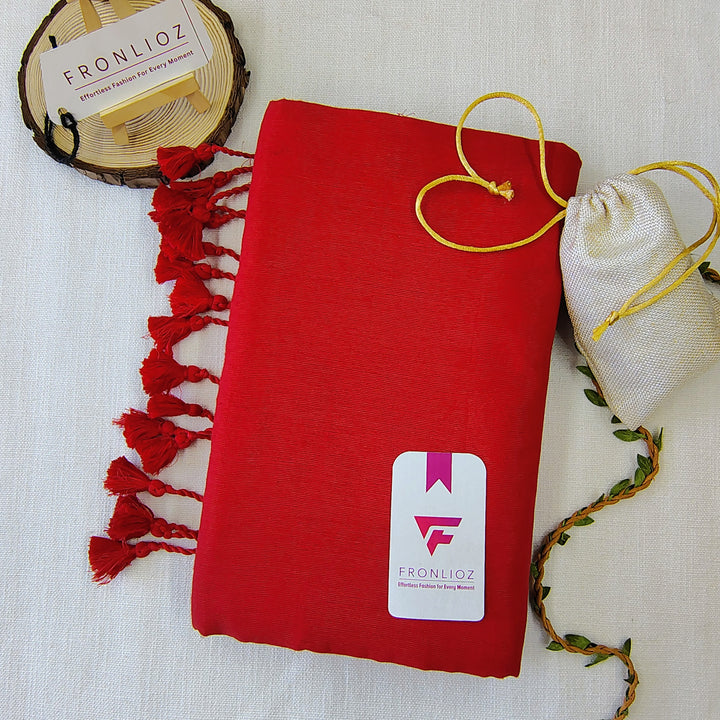 Red Handloom Cotton Saree With Tassels & Printed Blouse-Fronlioz