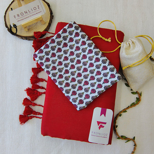 Red Handloom Cotton Saree With Tassels & Printed Blouse-Fronlioz