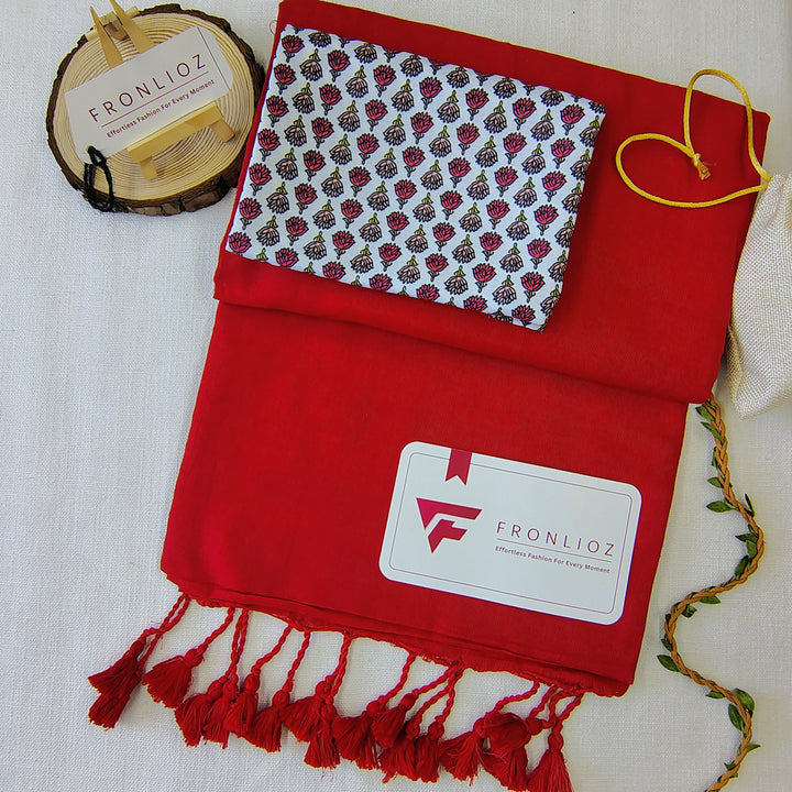 Red Handloom Cotton Saree With Tassels & Printed Blouse-Fronlioz